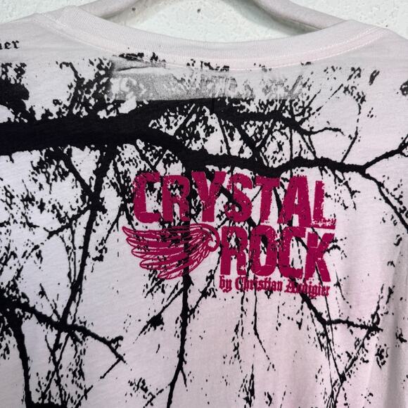 Christian Audigier Crystal Rock Top Womens Large Crane Blossom Y2K Tunic Shirt T - Picture 10 of 13